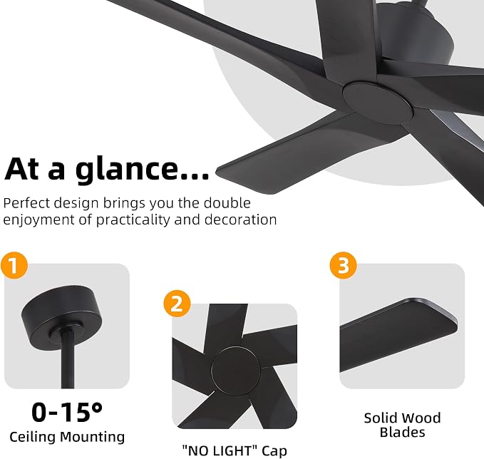 WINGBO 48" DC Ceiling Fan No Light - 5 Carved Solid Wood Blades, 6-Speed Reversible DC Motor, Ceiling Fan without Lights for Living Room Bedroom Kitchen Patio, Indoor and Outdoor, Matte Black