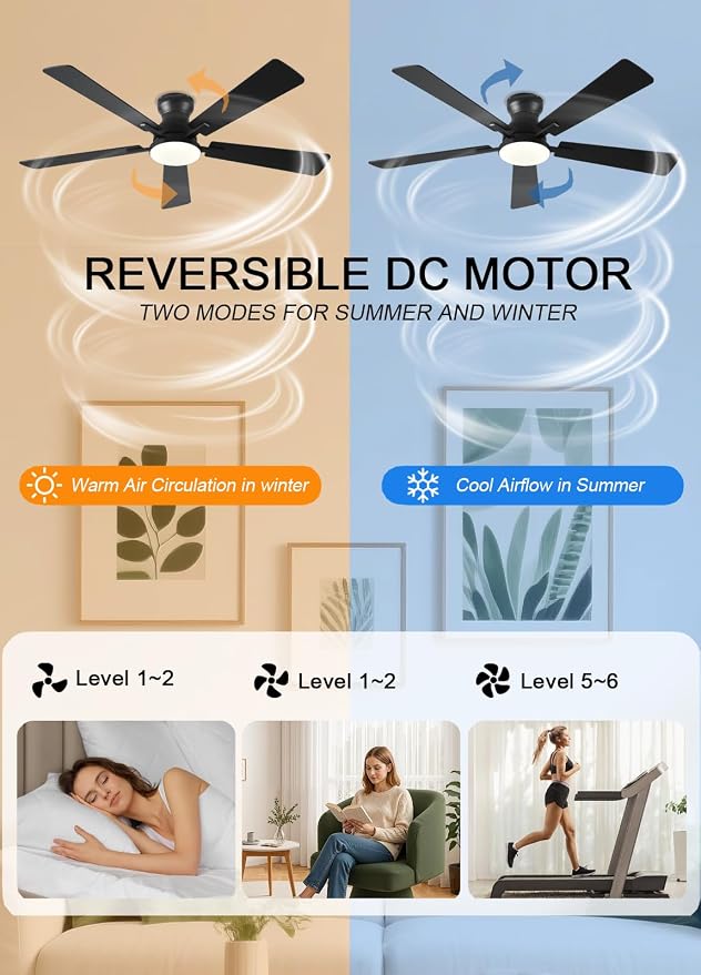 JSAITEE Ceiling Fans with Lights, 52Inch Low Profile Ceiling Fan with Light and Remote/App Control, Modern Flush Mount Black Ceiling Fan, 3CCT Dimmable, Reversible DC Motor, for Living Room,Bedroom