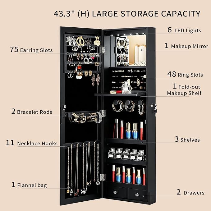 Over the Door Jewelry Organizer, Wall Mounted Jewelry Cabinet, Hanging Mirror with Storage Box, Wall/Door Mounted Full Length Mirror with LED