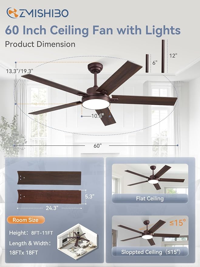 ZMISHIBO 60" Ceiling Fan with Light, 30W LED, Smart Remote/APP, Oil Bronze | Modern Ceiling Fans, 6 Speeds & 3CCT Dimmable, Quiet DC Motor, Noiseless for Living Room, Bedroom, Kitchen