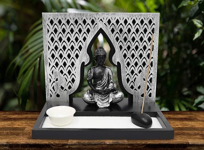 Zen Garden Candle Holder Home Decor - Buddha Incense Stick Holder Office Desk Accessories - Zen Garden Sand Office Decor - Buddha Statue Table Top - 12" x 12"