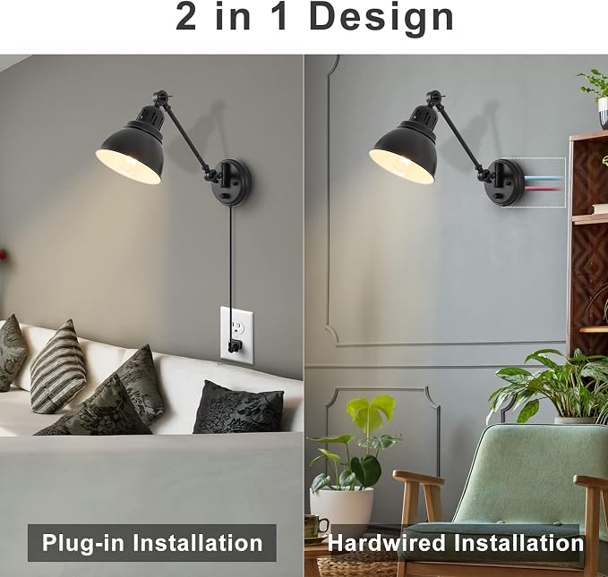 GOODATE Plug in Wall Sconces Set of 2, ENCOMLI Wall Sconce Lighting with Dimmable On Off Switch, Swing Arm Wall Lamp, Black Metal Industrial Wall Light Fixtures, Safety E26 Base, 6FT Plug in Cord