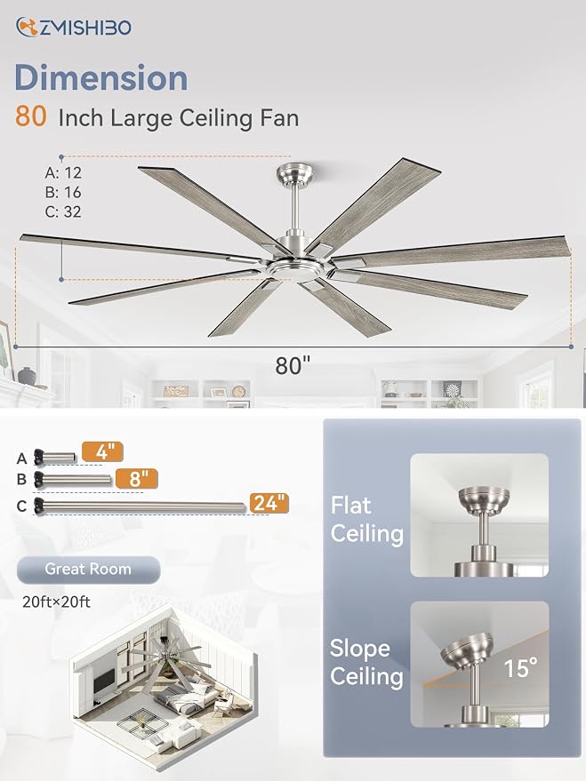 ZMISHIBO 80 Inch Ceiling Fan No Light with Remote Control, 8 Blades Quiet DC Reversible Motor, 6-Speed, Timer, Brushed Nickel Finish, Indoor Outdoor Ceiling Fans for Patios, Living Room, Garage