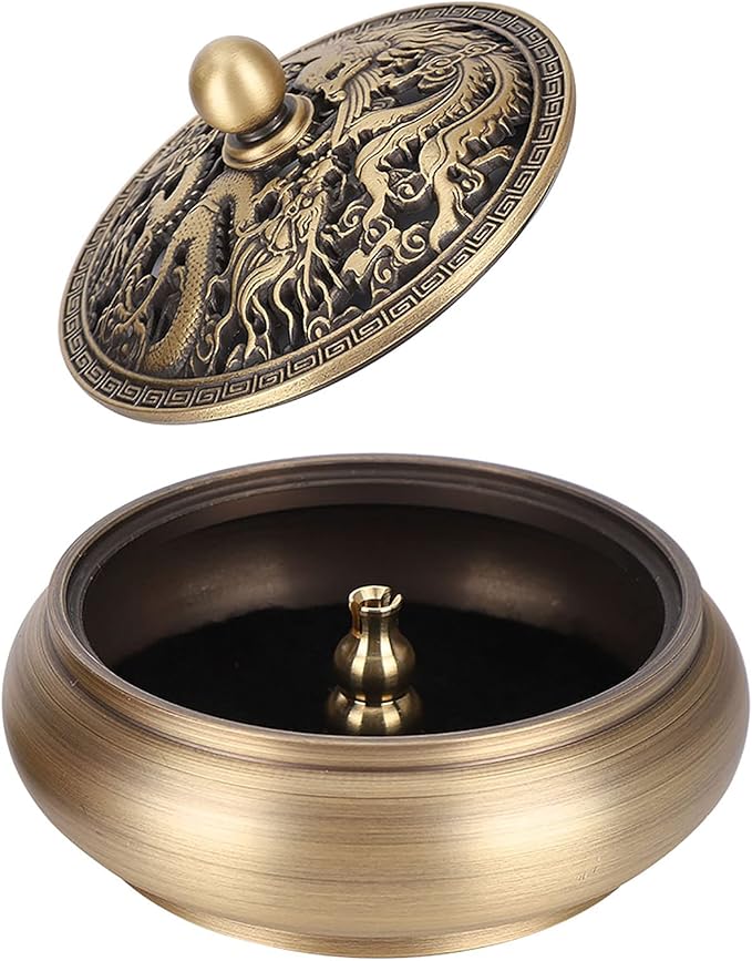 Incense Burner Holder, Antique Brass Dragon Incense Cone Burner with Incense Stick Holder for Cone Incense, Charcoal Disc, Coil Incense, 3.5 x 2.4in