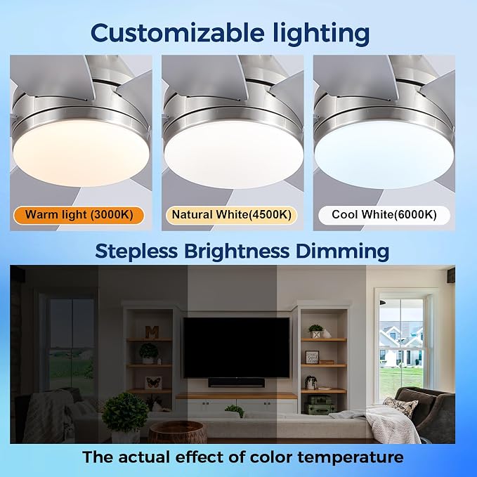 JSAITEE Flush Mount Low Profile Ceiling Fan, 48in Modern Ceiling Fan with Remote, 1/2/4 Timer, 5 Blades Reversible, 3CCT LED Dimming, Indoor Fan for Bedroom, Kitchen - Nickel