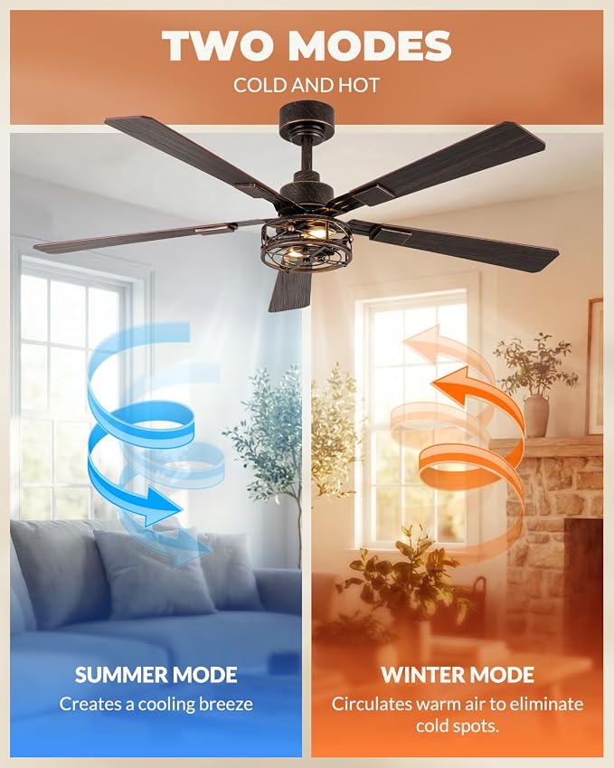 52 Inch Ceiling Fans with Lights and Remote, Farmhouse Caged Flush Mount Ceiling Fan, 6-Speed Quiet and Reversible DC Motor Ceiling Light Fixtures for Bedroom, Living Room, Black and Gold, 2 Pack