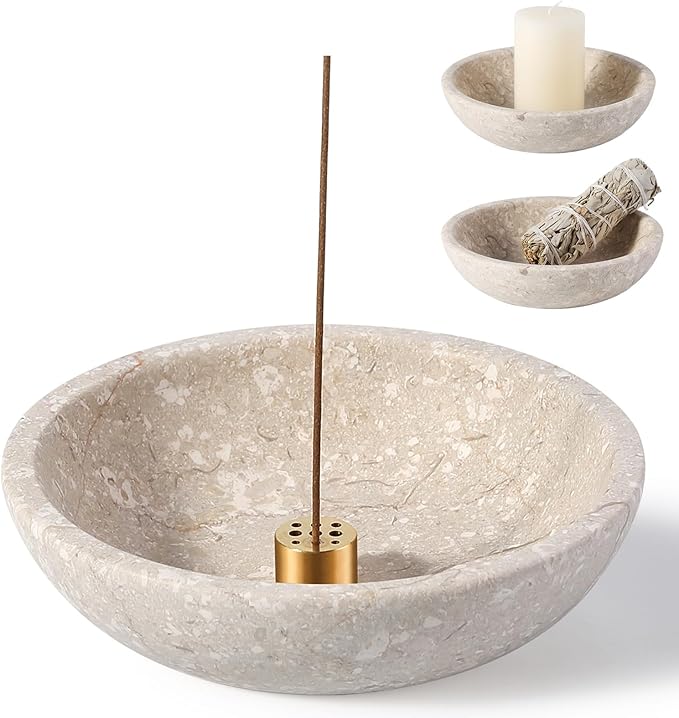 Koville Natural Marble Incense Holder, Incense Holder for Sticks with 9 Holes, Handmade Incense Burner Ash Catcher for Meditation Yoga SPA, Balsam Fir/Palo Santo/Sage/Cone (RoyalBeige)