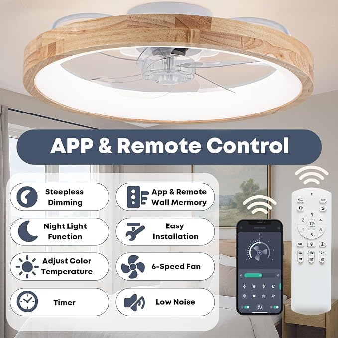 Fszdorj 24'' Ceiling Fan with Light and Remote, Low Profile Ceiling Fan with Light, Dimmable Flush Mount Ceiling Fan Light, 6 Speeds Fan, App&Remote Control, Fandelier Quiet Fan for Bedroom F126