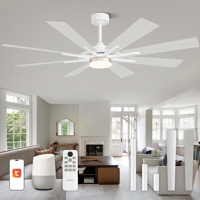 60 Inch Smart Ceiling Fan, White Indoor/Outdoor Ceiling Fans with Lights and Remote, Compatible with Alexa/Google/App, 3CCT Dimmable 6 Speeds Timing for Living Room Bedroom Patio