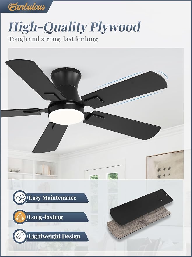Fanbulous 42 inch ceiling fan with light, Low Profile Ceiling Fan with Light, App&Remote Control, Dimmable LED Light, Flush Mount Ceiling Fan for Indoor Bedroom Living Room, Qiuet DC Motor