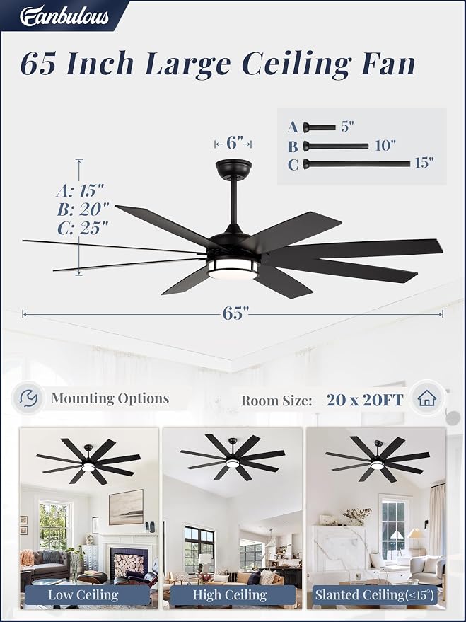 Fanbulous 65 Inch Ceiling Fans with Lights and Remote, Farmhouse Large Ceiling Fans, Black&Brown Modern Ceiling Fan with LED Light, Quiet DC Motor for Living Room, Bedroom, Kitchen, Indoor