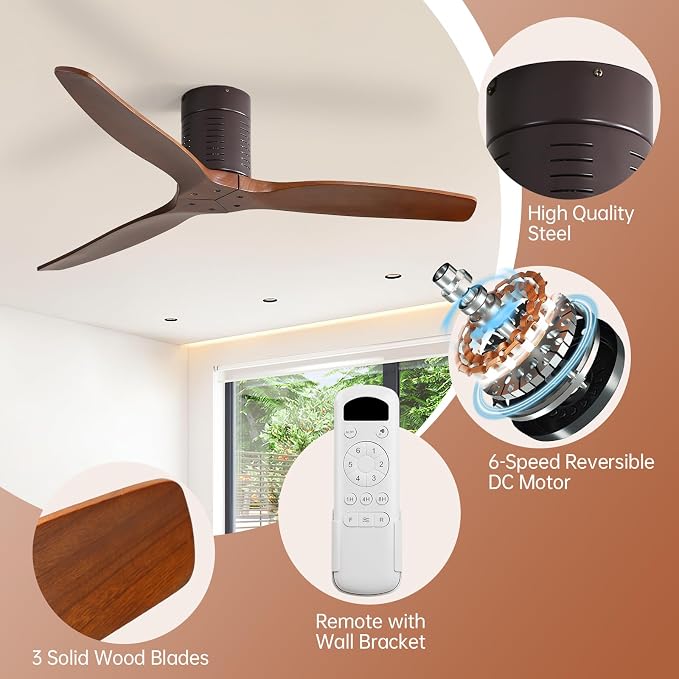 Sofucor 52 Inch Ceiling Fan No Light, Solid Wood Indoor/Outdoor Ceiling Fans Without Lights, Reversible DC Motor, 6 Speed, Flush Mount Ceiling Fans for Bedroom Living Room Farmhouse Patio
