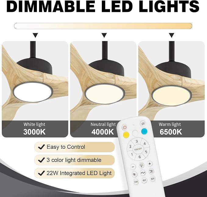 52 inch Ceiling Fans with Lights and Remote, 3 Natural Wood Blades, Modern Indoor/Outdoor Ceiling Fan for Living Room Bedroom Farmhouse Patio, 6 Speeds, Dimmable, Noiseless Reversible DC Motor