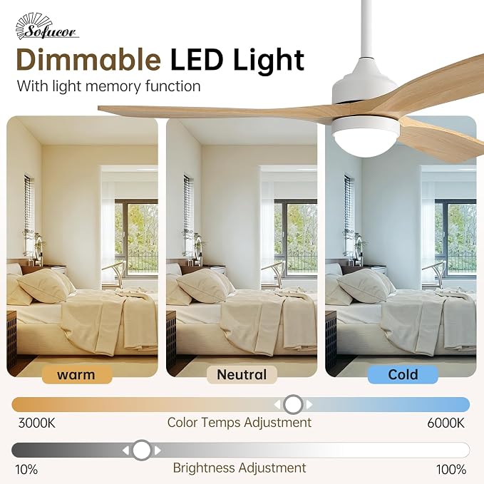 Sofucor 52" Smart Wood Ceiling Fans Lights, Flush Mount & Downrod Mount, 3 Wood Blades Modern Outdoor Ceiling Fans with Alexa/Google Assistant/APP/Remote Control for Bedroom, Farmhouse, Patio, Indoor
