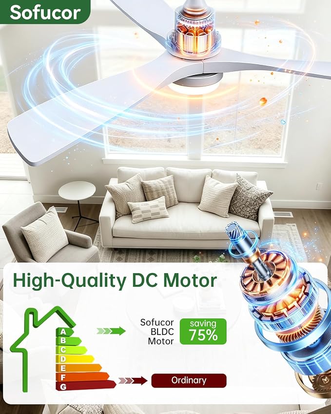 Sofucor 52 Inch Smart Ceiling Fans with Lights for APP/Remote/Voice Control | Downrod Mount, White Wood Blade,1/4/8 H Timer, 3CCT Dimmable 6 Speed, Quiet DC Motor, Outdoor Bedroom/Living Room/Patio