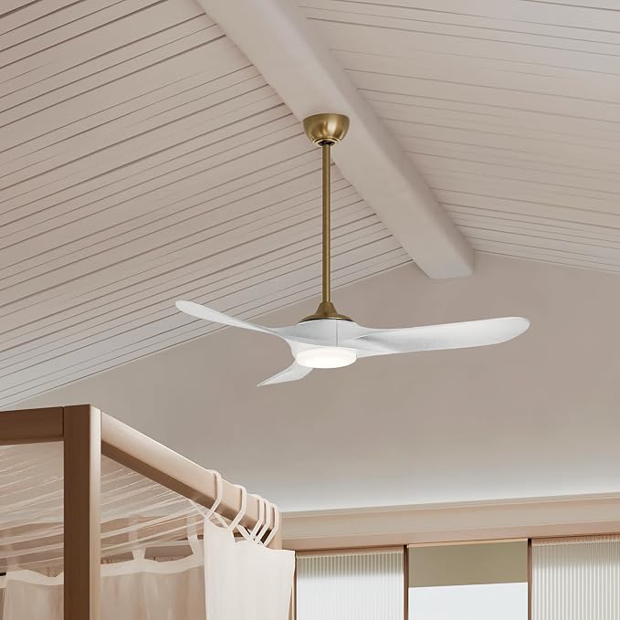 Kichler Mylo 52 in Ceiling Fan with Light, 6-Speed Remote Control Modern Fan with Satin Etched Cased Opal Glass in Champagne Bronze with Matte White Wood Blades, 310552CPZMWH