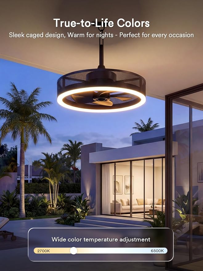 Lumary Smart Gazebo Ceiling Fans with Color Lights for Patios Outdoor, 20in | RGBAI+White Dimmable, Wi-Fi Bluetooth Connect, Work with Alexa/Google/APP, Waterproof Plug in Ceiling Fan with Hook/Remote
