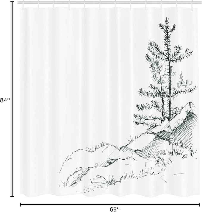Ambesonne Sketchy Shower Curtain, Young Thin Pine Trees on The Rocks Ecology and Forest Park Habitat Landscape Drawing Print, Cloth Fabric Bathroom Decor Set with Hooks, 69" W x 84" L, White Charcoal