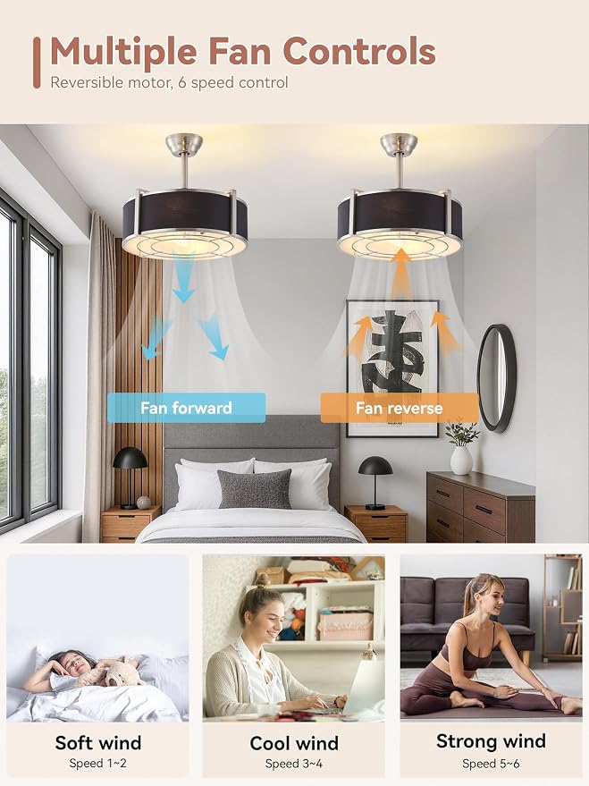20 Inch Gold Fandelier Ceiling Fans with Lights, Gold Chandelier Ceiling Fan with Light Remote Control, Caged Enclosed with 6 Speeds for Bedroom, Nursery, Living Room