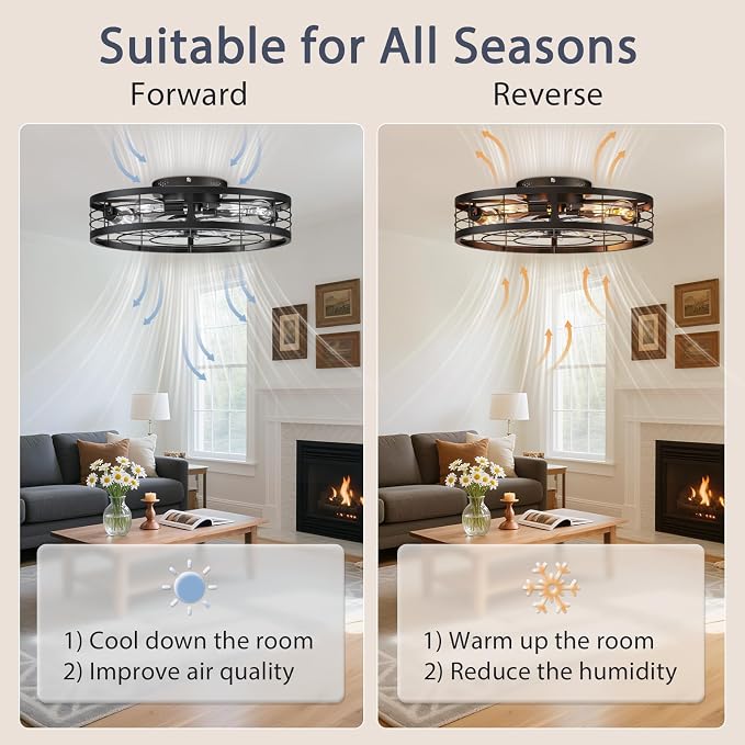 VOLISUN Caged Ceiling Fan with Light and Remote,23.6 inch Fandelier Ceiling Fan with Light Flush Mount, Farmhouse Bladeless Ceiling Fans with Lights for Kitchen,Bedroom
