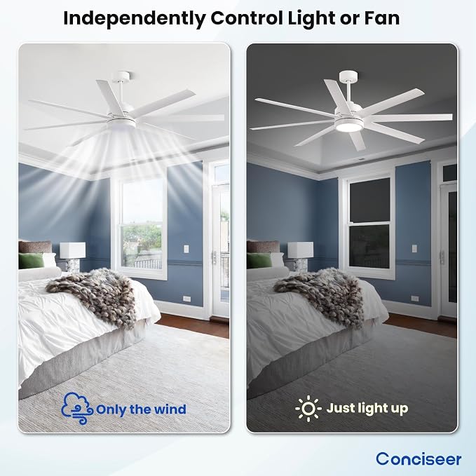 Conciseer 65 Inch Ceiling Fan with Light and Remote Control for Bedroom Living Room Kitchen Home Office, Indoor/Outdoor Use, 6CCT Dimmable, 8 Blades 6 Speed Reversible Quiet DC Motor, White