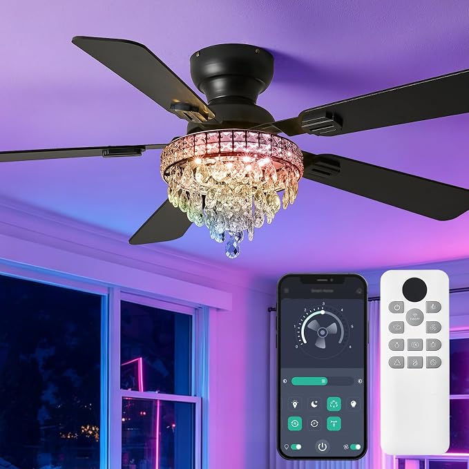 52“ Crystal Ceiling Fans with RGB Lights, Remote/App Control, Modern Fandelier Ceiling Fan Flush Mount, Reversible DC Motor, Dimmable, Bedroom Chandelier Fan, (Black)