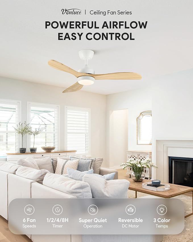 VONLUCE Wood Ceiling Fan with Lights, 42 Inch Ceiling Fan and Remote, 6-Speeds Quiet Reversible DC Motor, 3CCT, 3 Blades Outdoor Ceiling Fan for Patios Farmhouse, White
