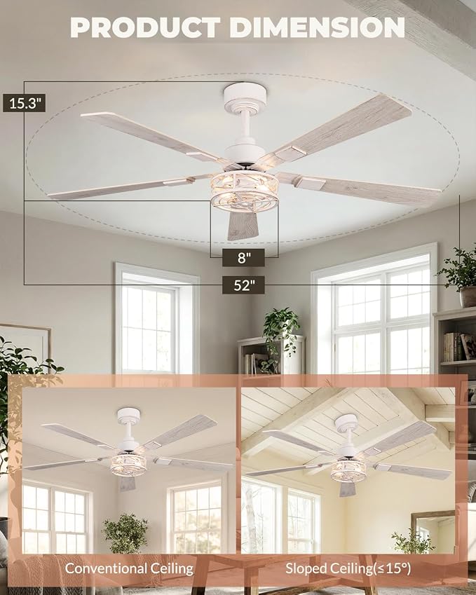 52 Inch Ceiling Fans with Lights and Remote, Modern 6 Speeds Bladeless Caged Flush Mount Ceiling Fan for Living Room Bedroomm, E12 Base, Quiet and Reversible DC Motor, White