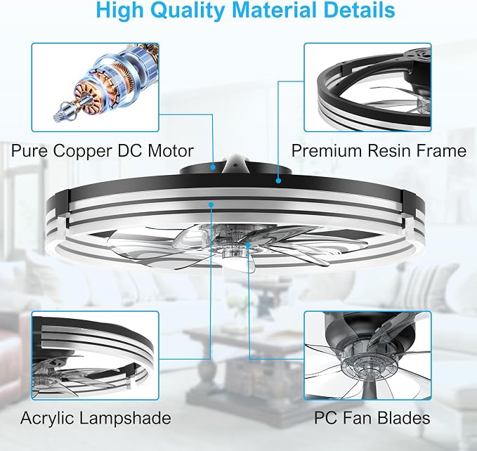 Ceiling Fans with Lights and Remote, 20'' Low Profile Ceiling Fan, 1-6 Wind Speeds, 3000-6500K Dimmable Flush Mount LED Fan Light, Modern Fandelier Ceiling Fans for Bedroom