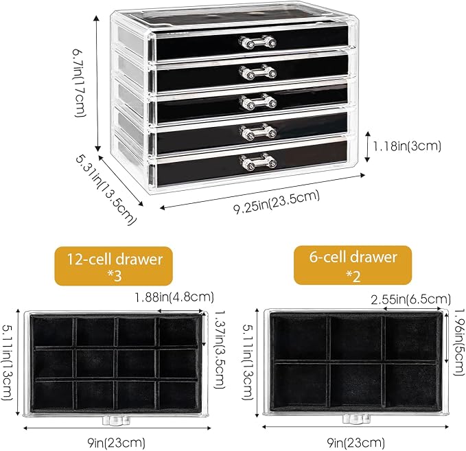 ProCase Earring Holder Organizer Jewelry Box with 5 Drawers, Acrylic Clear Earring Case with Adjustable Velvet Trays for Women - Black, 5 Layers