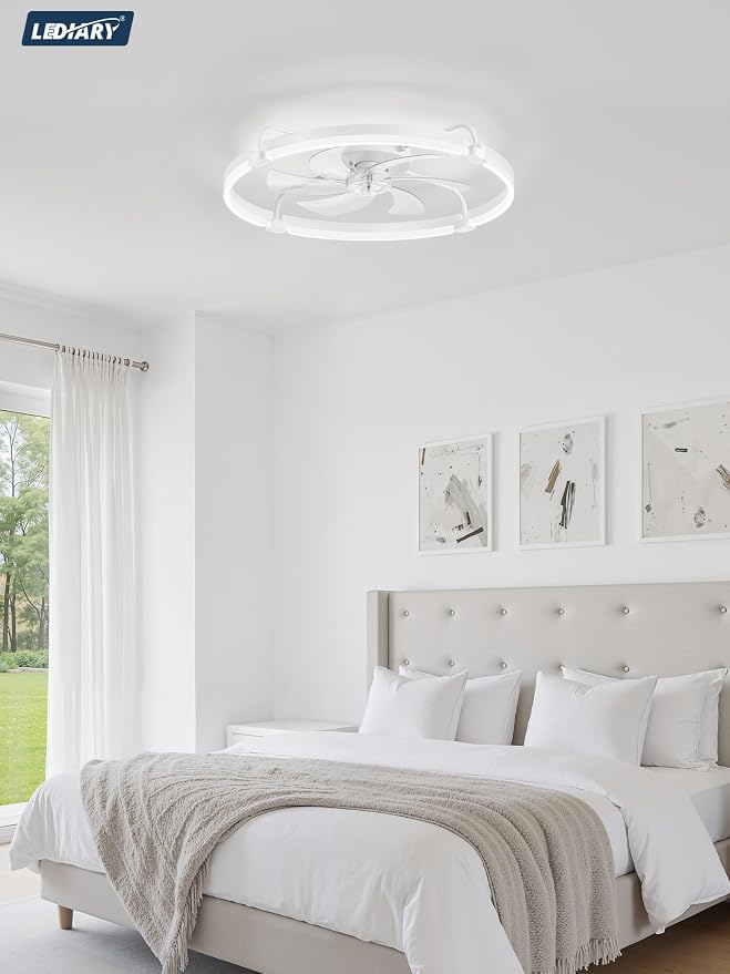 LEDIARY 26" Ceiling Fans with Lights and Remote, Low Profile,Large, White | 3000K-6000K Stepless Dimmable Fandelier, Reversible DC Motor, Remote and APP Control, Bedroom Kitchen Living Room Fan Light