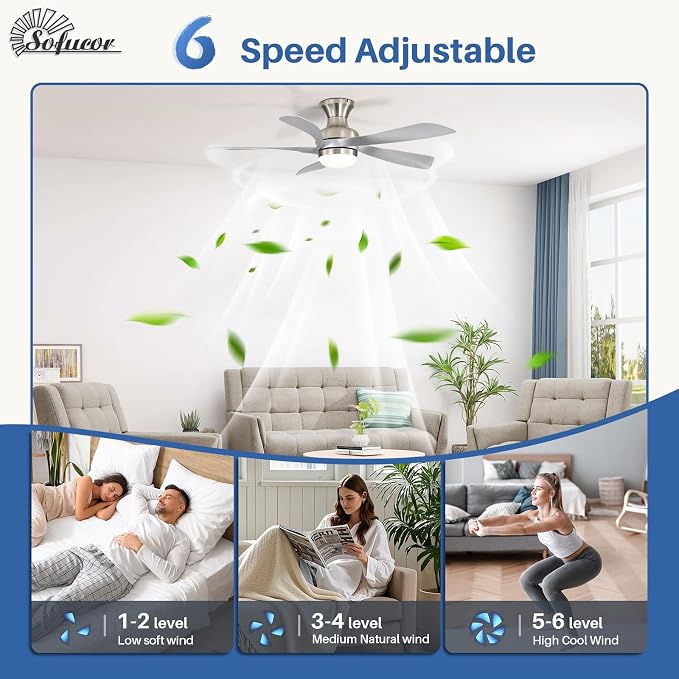 Sofucor Smart 42'' Low Profile Ceiling Fan with Lights and Remote, Flush Mount Ceiling Fan Work with APP/Alexa/Google for Modern Bedroom Living Room Patio, Dimmable LED Quiet Reversible DC Motor