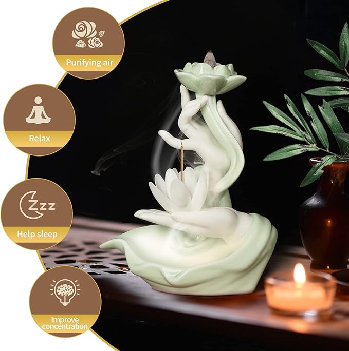 Backflow Incense Holder Buddhist Culture，Waterfall Incense Burner Buddha's Hand and Lotus Pattern，Aromatherapy Ornament Home Décor Nice Gift for Friends Families