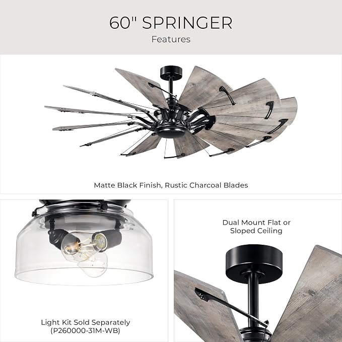 Progress Lighting Springer Collection DC Motor Farmhouse Windmill Ceiling Fan, Matte Black, 12-Blade (60" W x 17-3/8" H) P250000-31M
