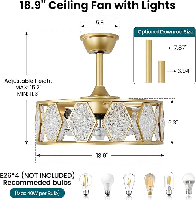 Crystal Caged Ceiling Fans Lights: 18.9'' Farmhouse Fandelier Ceiling Fan with Remote 6 Speeds Gold Semi Flush Mount Industrial Chandelier Modern Low Profile Ventilador de Techo for Bedroom Kitchen