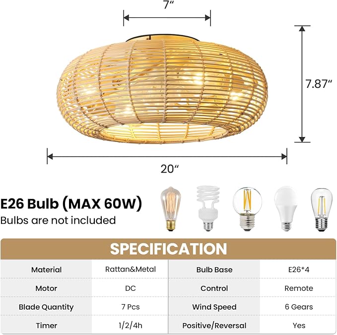 AIJIASI 20" Boho Ceiling Fan with Light and Remote, Rattan Caged Ceiling Fan with Light 6 Speeds Flush Mount Fandelier Ceiling Fan for Bedroom Living Room (4*E26 Base)