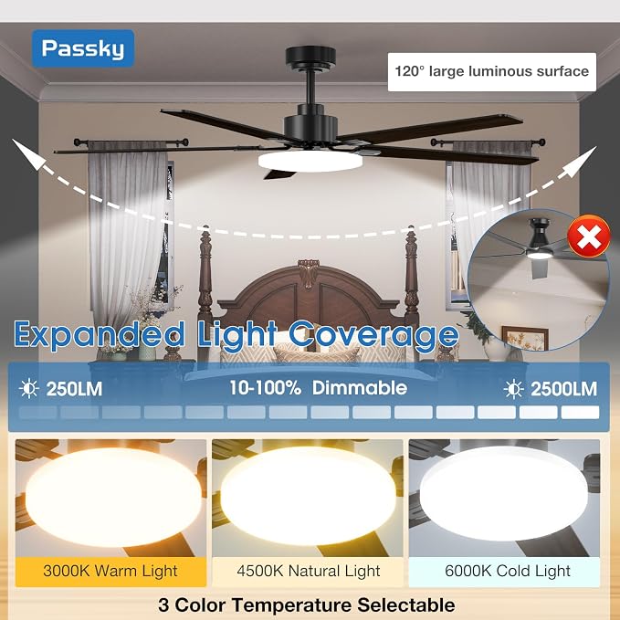 Passky Ceiling Fans with Lights, 60 inch Sleek Ceiling Fan with Light and Remote Control, 3CCT, Dimmable, Reversible, Noiseless, Black Ceiling Fan for Bedroom, Living Room