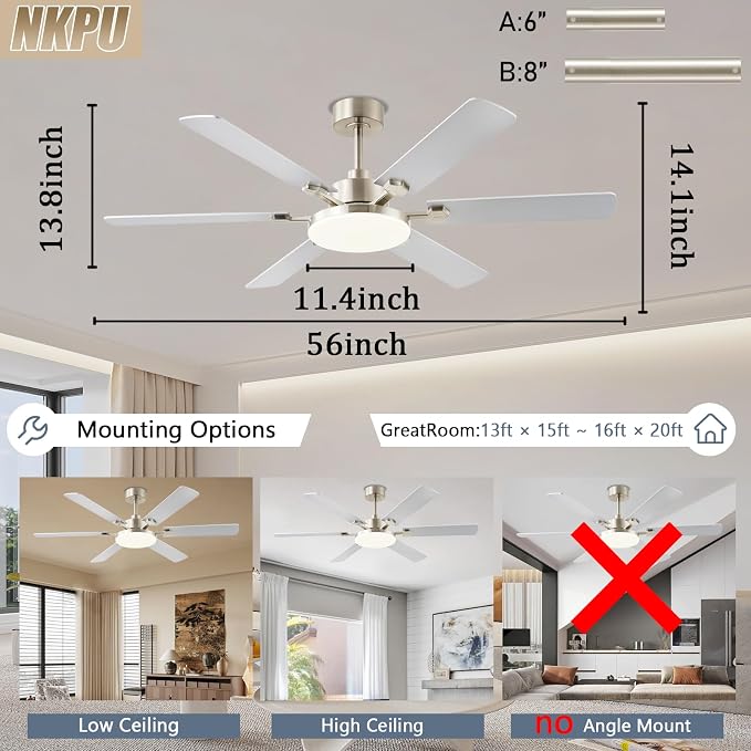NKPU 56 Inch Ceiling Fans with Lights, Large Modern Nickel Ceiling Fan with Light and Remote Control, 6 Double Sided Blades, 6 Speed DC Motor, Dimmable LED, Silent Timing, Indoor Outdoor Patio Use