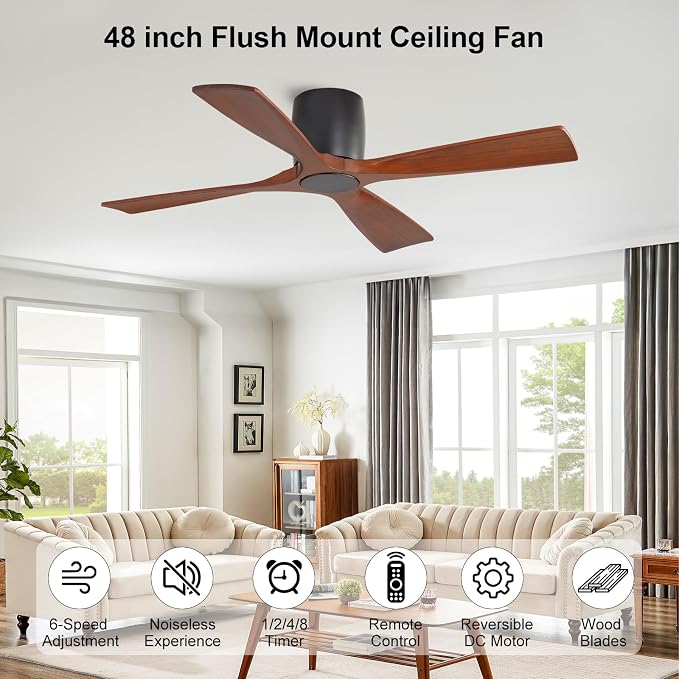 WINGBO 48 Inch Ceiling Fan Without Light, Solid Wood Flush Mount Ceiling Fan with Remote Control, Reversible DC Motor, 4 Blades,6-Speed Quiet Performance, for Bedroom & Living Room, Matte Black+Walnut