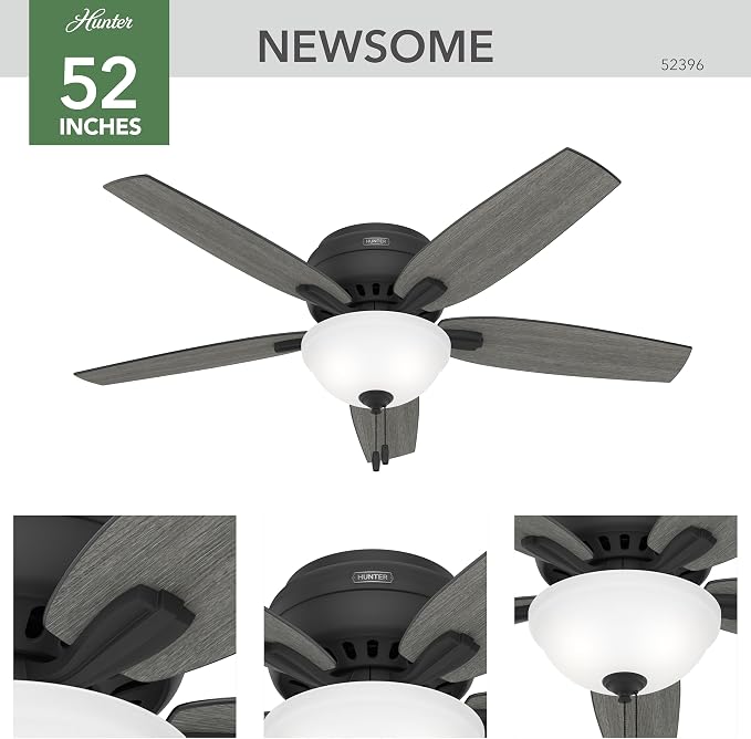 Hunter 52 inch Indoor Ceiling Fan with LED Light - Black Ceiling Fan with Pull Chain, For Bedroom or Living Room, Low Profile Flush Mount, 5 Blades, Includes Bulbs - Newsome 52396, Matte Black | Low Profile Flush Mount, Pull Chain, 5 Blades, For Bedroo...