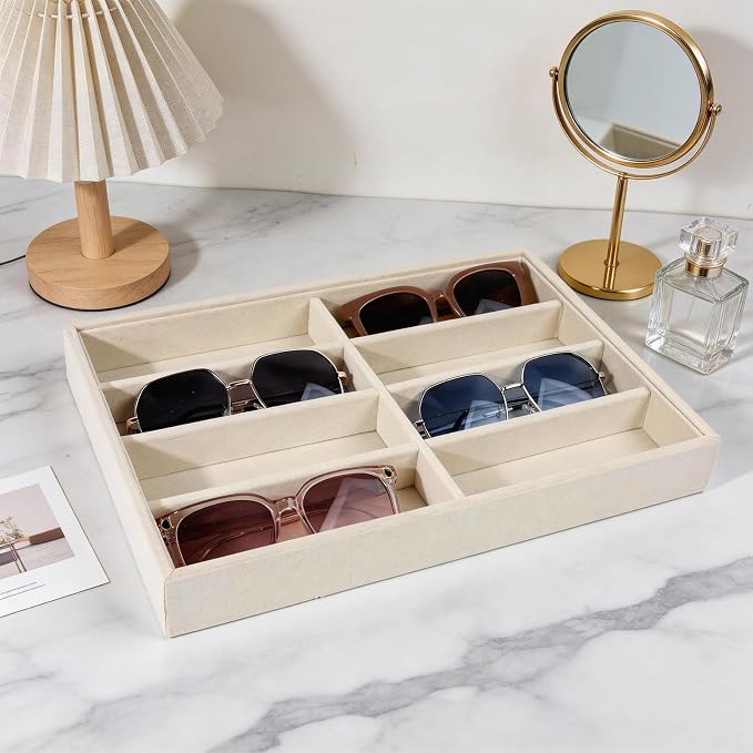 Sunglass Organizer, 8 Grids Beige Velvet Glasses Tray for Eyeglasses Watches Jewelry Display Handmade Craft Storage Box for Home or Shop, Large Capacity 13.8"x9.4" Men Women
