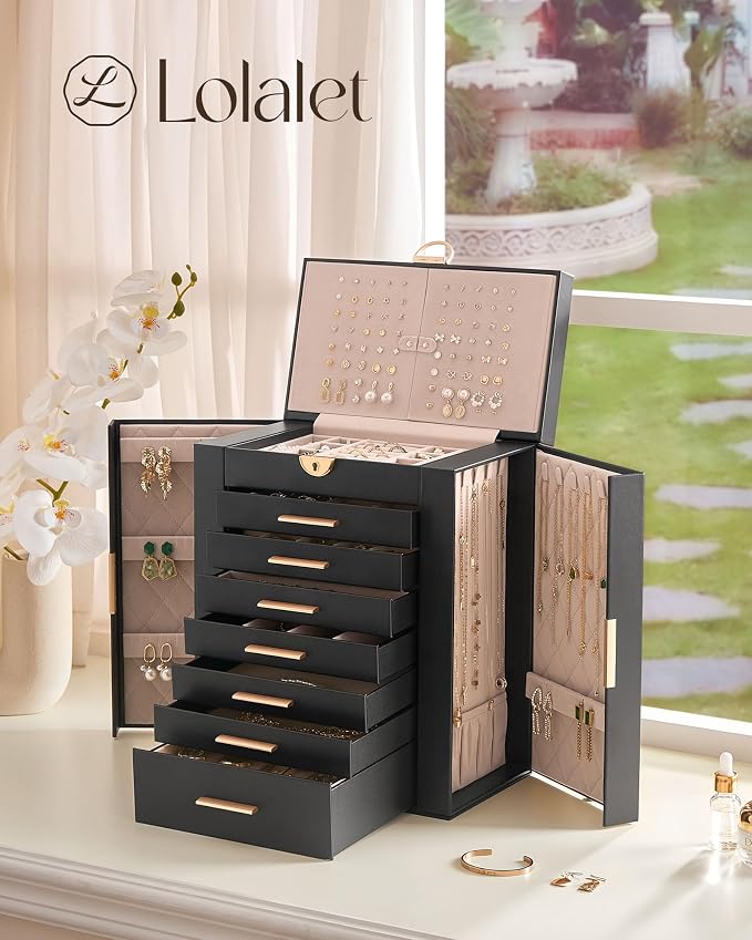Lolalet Large Jewelry Box Organizer for Women, 8-Layer Jewelry Organizers and Storage Case with Mirror & 7 Drawers, Lockable Watch Ring Earring Bracelet Necklace Holder Girls Gift -8Layer, Black