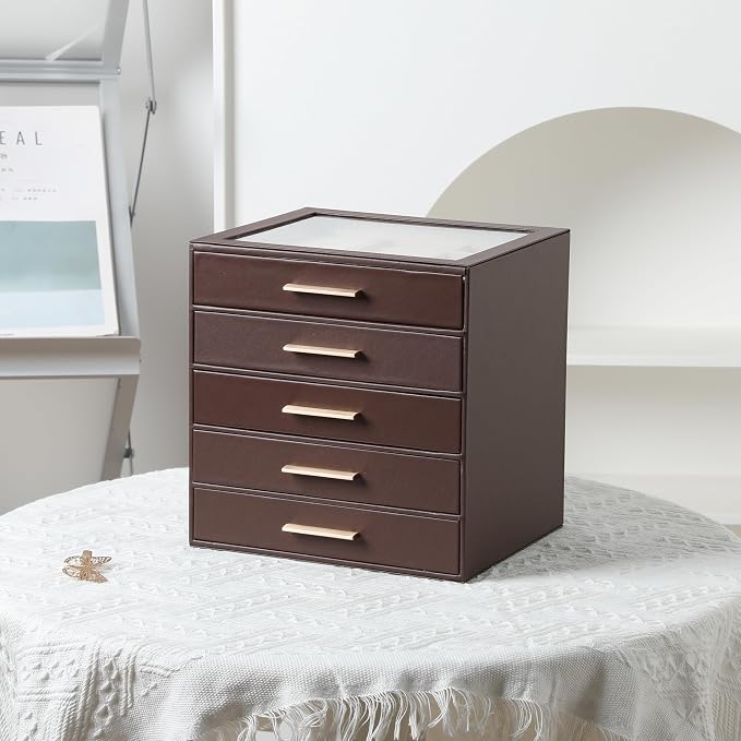 Frebeauty Jewelry Box for Women,Clear Lid Jewelry Organizer with 5 Drawers | Faux Leather,Velvet Lining,5-Layer Large Capacity,Jewelry Storage for Rings Earrings,Dustproof Design,Golden Stylish Handle