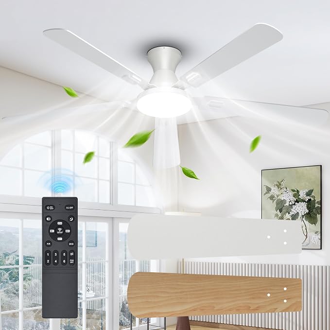 UME 60" Ceiling Fan with Lights & Remote, 6 Blades Low Profile Ceiling Fan, Quiet DC Motor, Natural Wind, 6 Speeds, 3CCT Dimmable 20W LED Modern Ceiling Fan for Bedroom, Living Room, White
