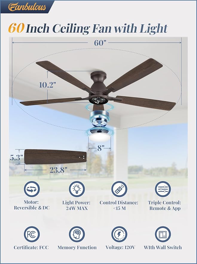 Fanbulous 60" Flush Mount Ceiling Fan with Light, Remote & App, Oil Bronze | 3CCT 20W LED, 6-Speed Quiet Reversible Motor, Modern Low Profile Flush Mount, Ideal for Bedroom/Living Room/Kitchen.