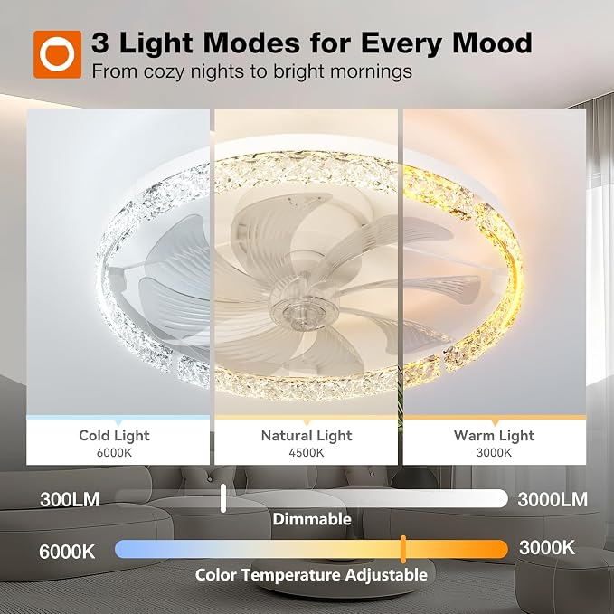 addlon Ceiling Fans with Lights and Remote, 20'' Low Profile Flush Mount Ceiling Fan, 3000–6000K Dimmable LED Fandelier, Bladeless Crystal Fan Light for Bedroom, Kitchen, Living Room, White