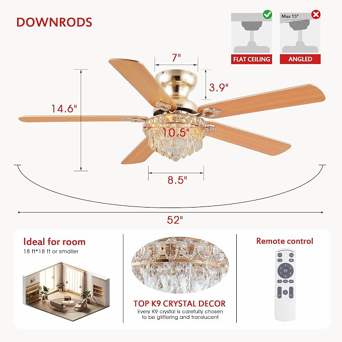 GJeg Crystal Ceiling Fan Fandelier with Lights-Ceiling Fans with Remote Control,Modern Ceiling Fan with Noiseless DC Reversible Motor,Dining Room,Living Room(52" Gold)