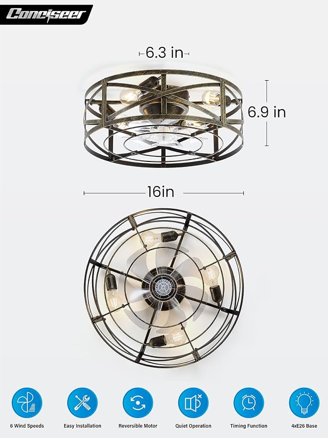Conciseer 16 Inch Caged Ceiling Fans with Lights and Remote, Flush Mount, Low Profile 7 Blades 6 Speed Reversible Quiet DC Motor for Bedroom, Kitchen and Living Room, White/Gold