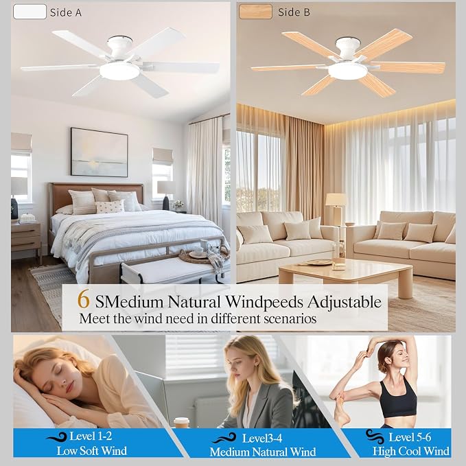 Ceiling Fans with Lights,54 Inch Low Profile Ceiling Fan with Light and Remote Control,6 Speeds/6 Blade,Flush Mount,LED Dimmable DC Reversible Modern, White Ceiling Fan for Bedroom/Living Room