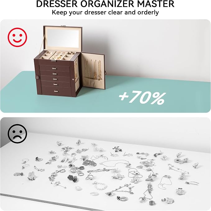 Frebeauty 6-Layer Jewelry Box for Women,Large Jewelry Organizer with Drawer | Faux Leather,Built-in Mirror,Spacious Jewelry Storage,16 Necklace Hooks,Organizing by Category for Rings Earrings Bracelet